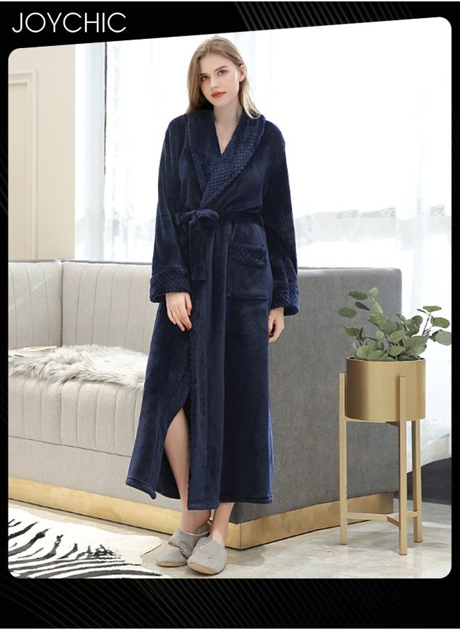 Women Pajamas Autumn and Winter Long-sleeved Nightgown Flannel Thickened Warm Windproof Sleep Robe for Bedroom Home Navy Blue