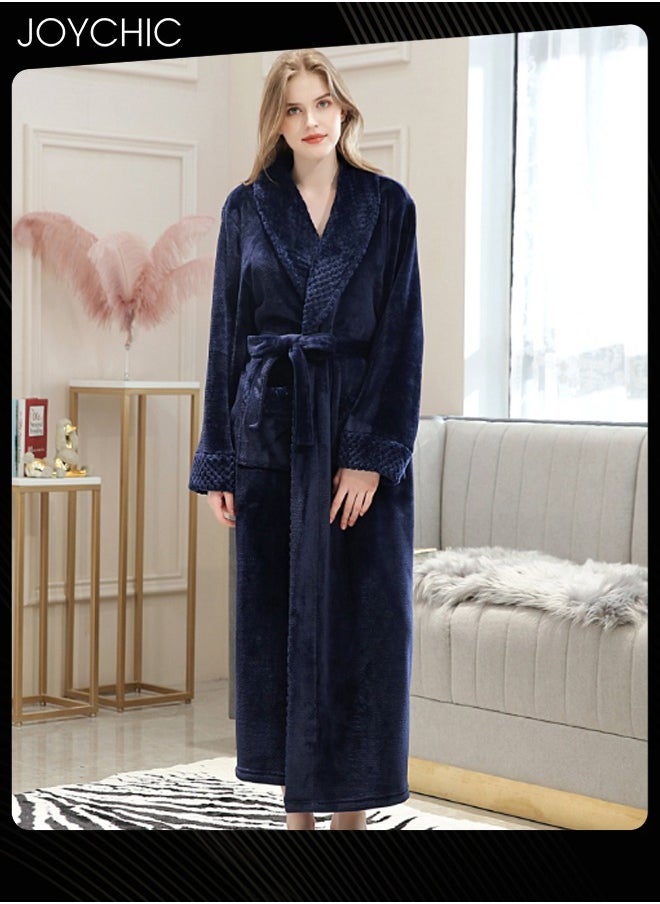 Women Pajamas Autumn and Winter Long-sleeved Nightgown Flannel Thickened Warm Windproof Sleep Robe for Bedroom Home Navy Blue