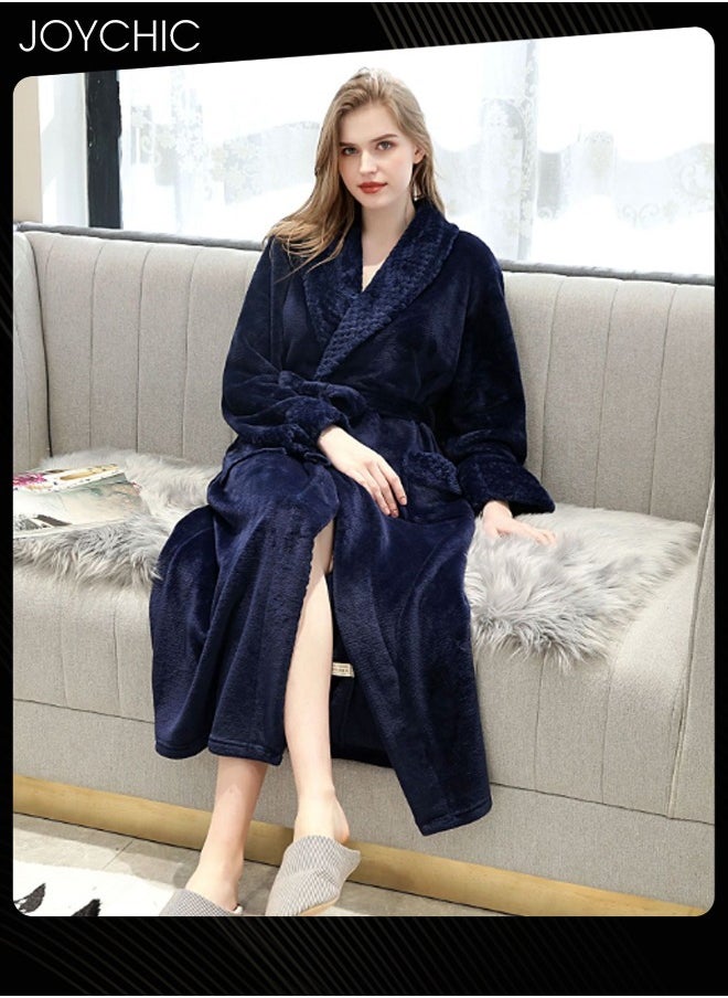 Women Pajamas Autumn and Winter Long-sleeved Nightgown Flannel Thickened Warm Windproof Sleep Robe for Bedroom Home Navy Blue