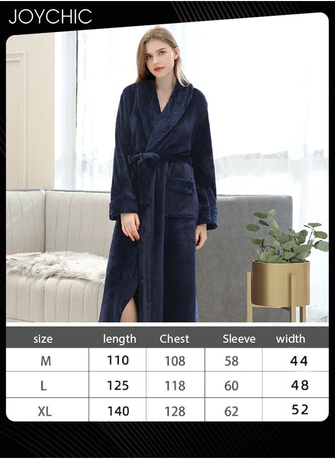 Women Pajamas Autumn and Winter Long-sleeved Nightgown Flannel Thickened Warm Windproof Sleep Robe for Bedroom Home Navy Blue