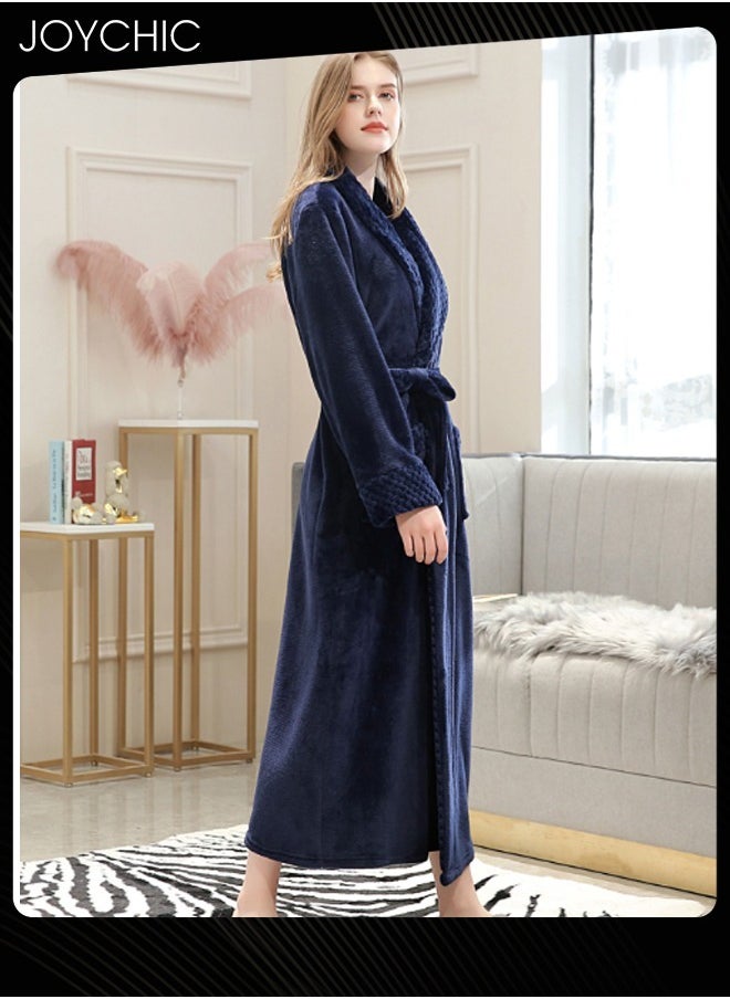 Women Pajamas Autumn and Winter Long-sleeved Nightgown Flannel Thickened Warm Windproof Sleep Robe for Bedroom Home Navy Blue