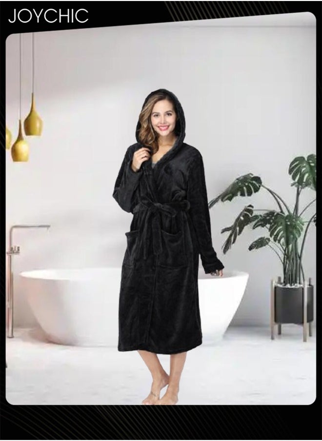 Solid Pattern Women Loose Hooded Nightgown Autumn and Winter Flannel Skin-friendly Warm Long-sleeved Extra Long Pajamas Sleep Robe with Adjustable Belt Black