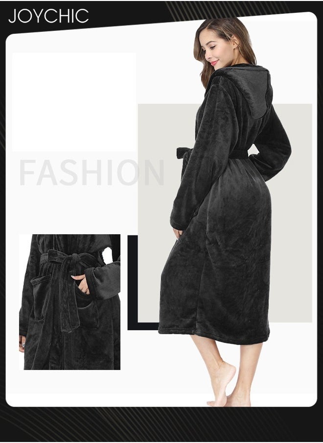 Solid Pattern Women Loose Hooded Nightgown Autumn and Winter Flannel Skin-friendly Warm Long-sleeved Extra Long Pajamas Sleep Robe with Adjustable Belt Black