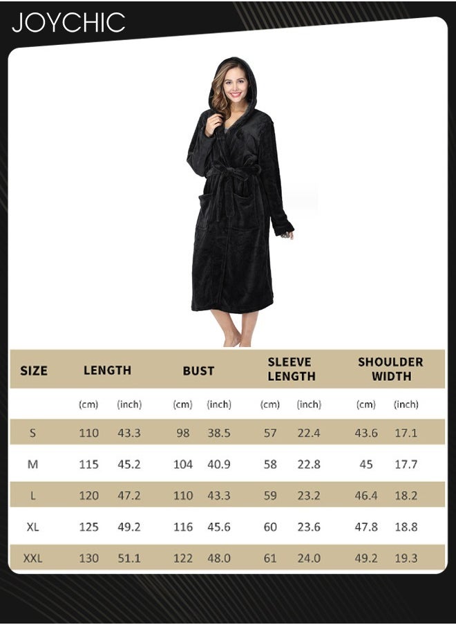 Solid Pattern Women Loose Hooded Nightgown Autumn and Winter Flannel Skin-friendly Warm Long-sleeved Extra Long Pajamas Sleep Robe with Adjustable Belt Black