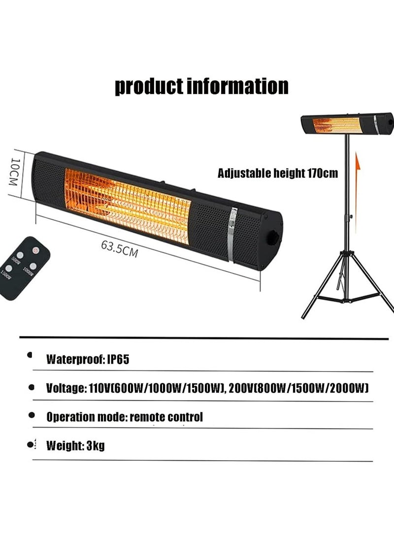 Electric Patio Heater, 2000W Outdoor Infrared Heater, Ceiling/Wall Mounted Outdoor Patio Heater Comes with Tripod Stand, Remote Control, Black