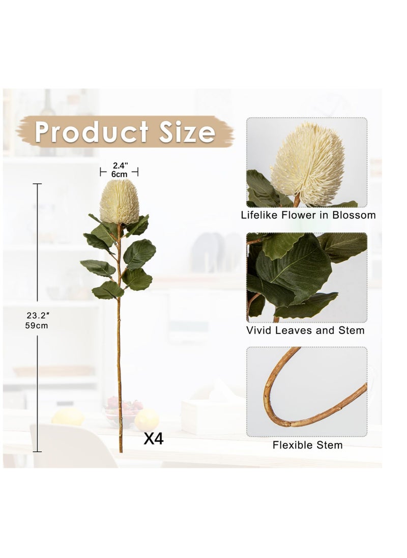 4 PCS Artificial Flowers Bouquets, Faux Banksia Flowers, Cream White Long Stem Artificial Flowers, Suitable for for Office Home Table Decor Wedding Party (57cm)