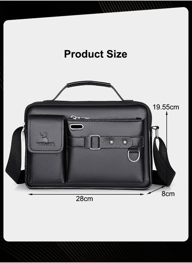 Men Retro Horizontal Shoulder Bag Portable Business Leather Waterproof and Wear Resistant Crossbody Bag with Adjustable Straps for Work Office Black