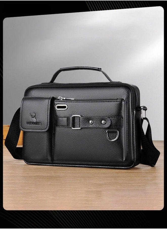 Men Retro Horizontal Shoulder Bag Portable Business Leather Waterproof and Wear Resistant Crossbody Bag with Adjustable Straps for Work Office Black