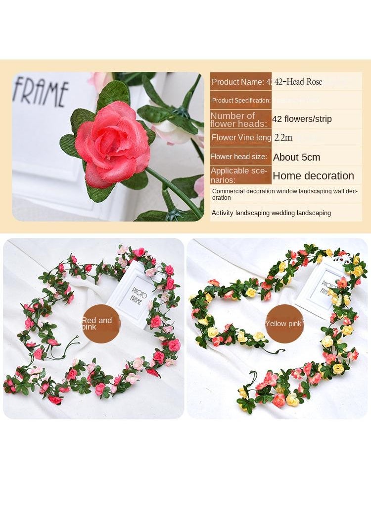 4-Pieces double head rose vine garland artificial flower plant multicolour Pink