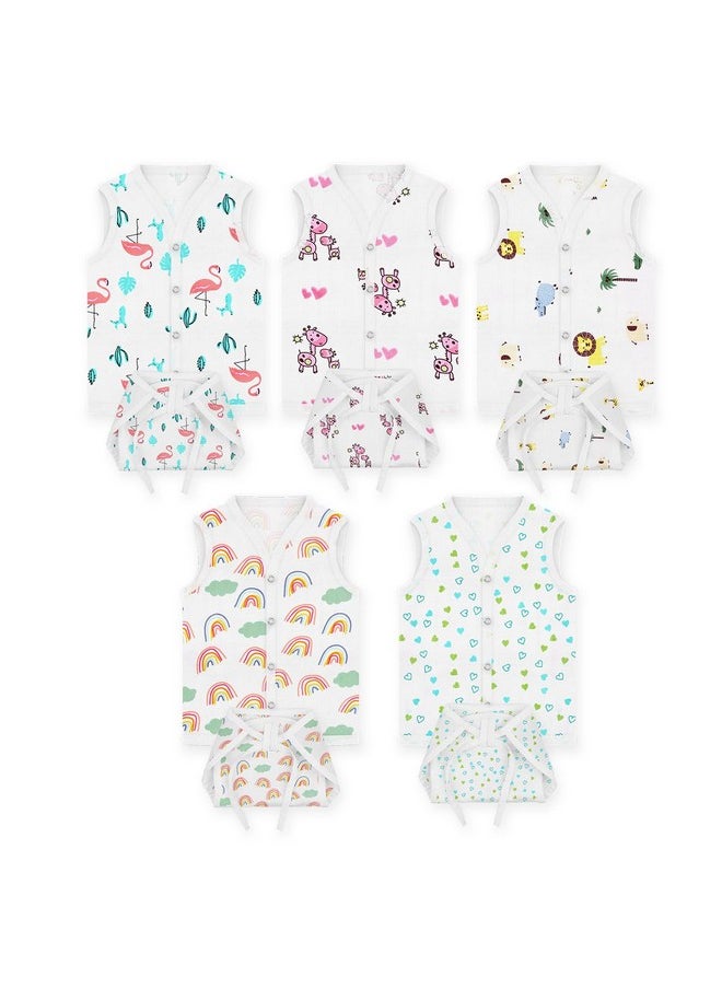 Moms Home Baby Unisex Organic Cotton Muslin Jhabla & Nappy | Set Of 5 (0-3 Months)