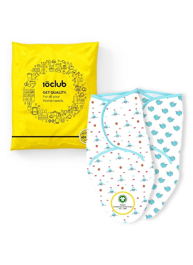 By 10Club 100% Organic Fibre Swaddle -Set Of 2 | Swaddles For New Born Baby 0-6 Months | Baby Wrappers 0-12 Months (Whale & Ship, Multicolor)