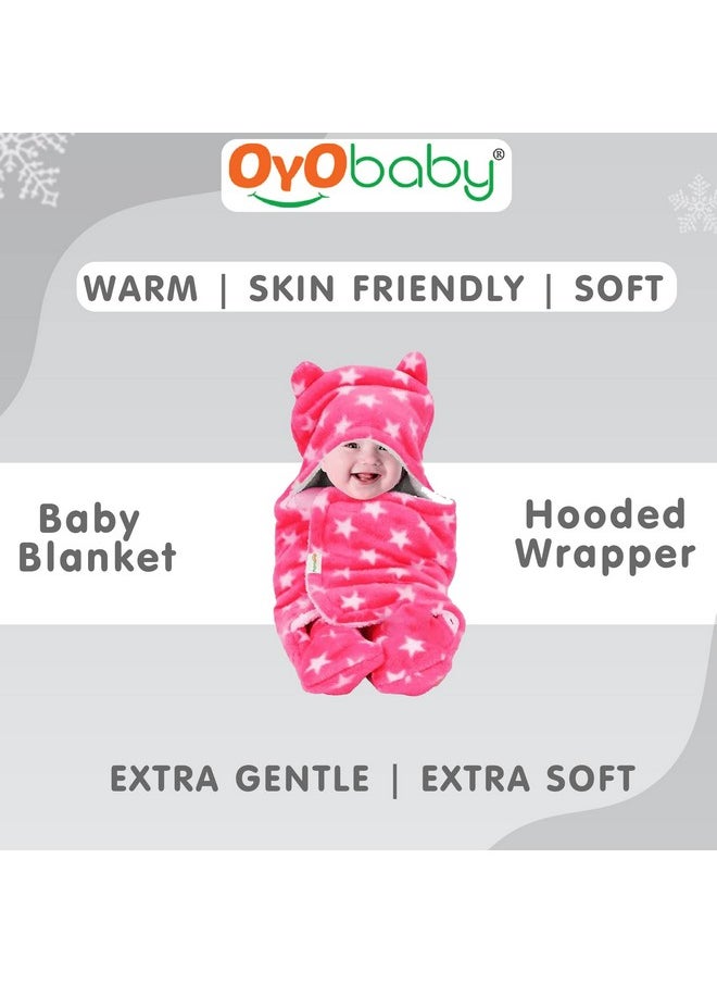 3-In-1 Fleece Hooded Baby Blanket Wrapper -Pack Of 1 (Baby Pink Star Printed) | All Season | 0-6 Months | Sleeping Bag | Great Gift | Bath Towel | Multipurpose Comforter