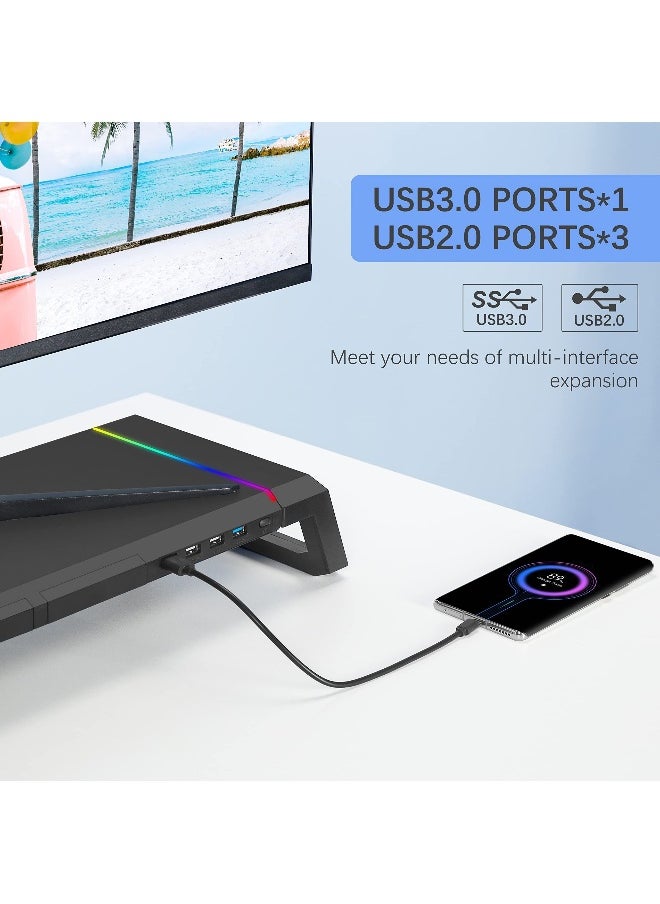 Monitor Stand for Desk RGB Gaming Lights with USB 3.0 & 2.0 Hub, Foldable Computer Screen Riser Storage Drawer and Phone Holder, Organizer Laptop Shelf, PC/ Laptop/ iMac - Black