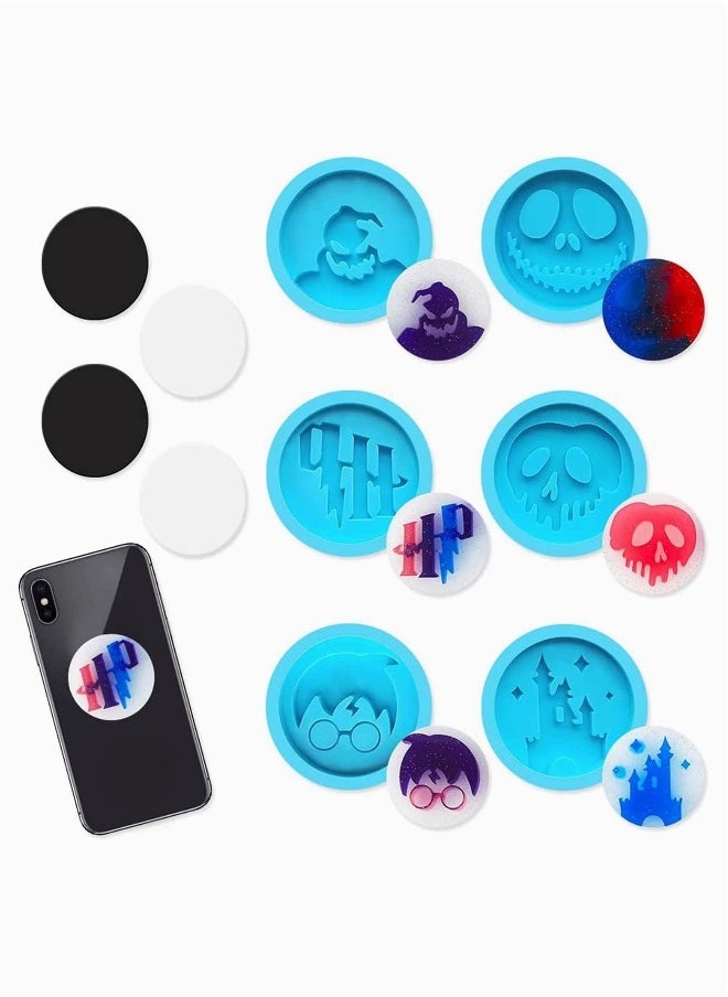 10 Pieces Phone Grip Epoxy Resin Molds, Theme Badge 6 Pcs Circle Shaped Silicone On Top Molds with 4 Sockets for DIY Crafts Jewelry Making