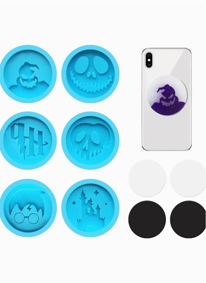 10 Pieces Phone Grip Epoxy Resin Molds, Theme Badge 6 Pcs Circle Shaped Silicone On Top Molds with 4 Sockets for DIY Crafts Jewelry Making