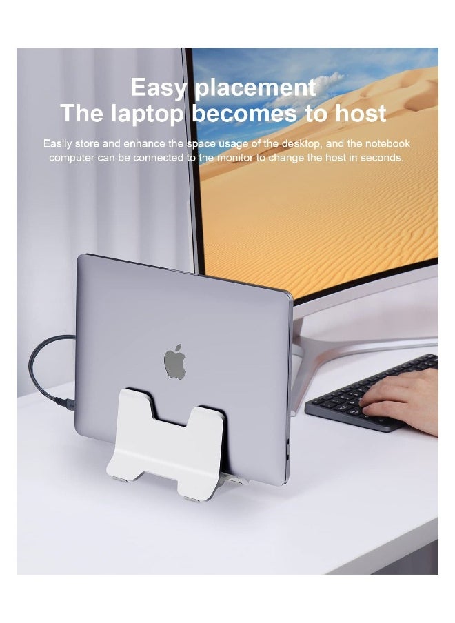 Vertical Laptop Stand, SYOSI Notebook Stand for Desk Gravity Locking Holder Dock Save Space Improves Airflow MacBook Pro, Mac Mini, Surface, HP, Dell, Chrome Book (White ABS)