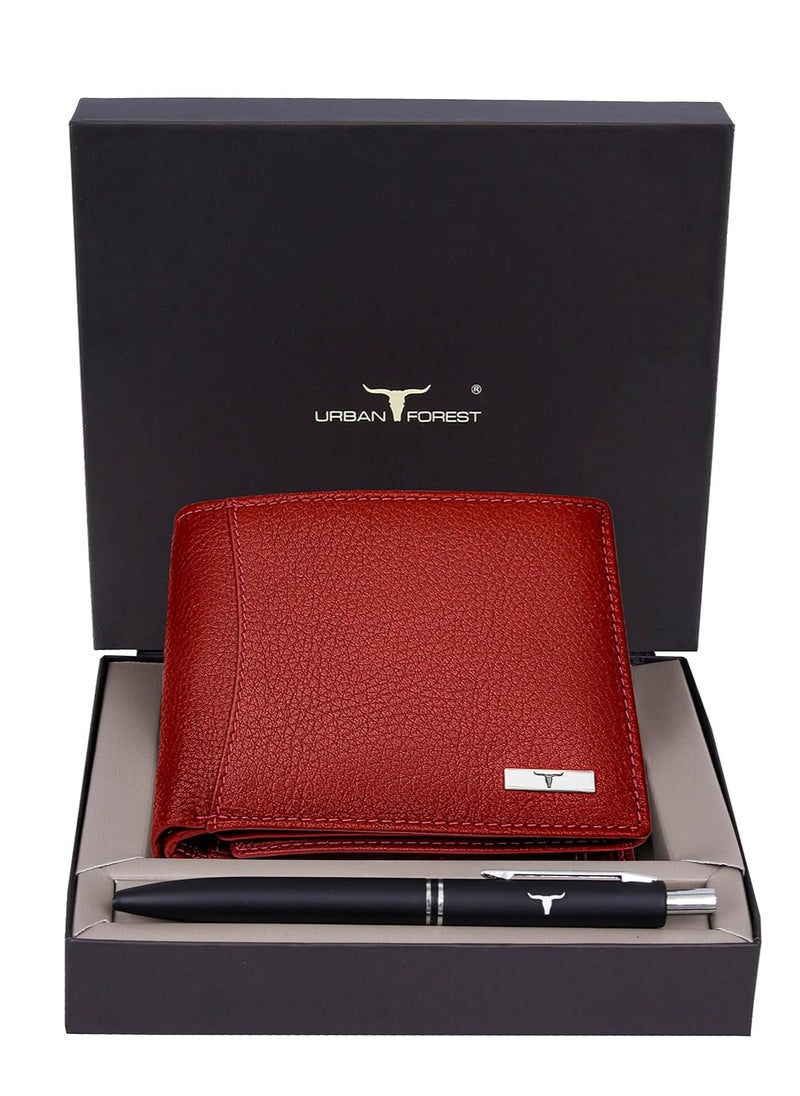 URBAN FOREST Oliver Red Leather Wallet & Pen Combo Gift Set for Men