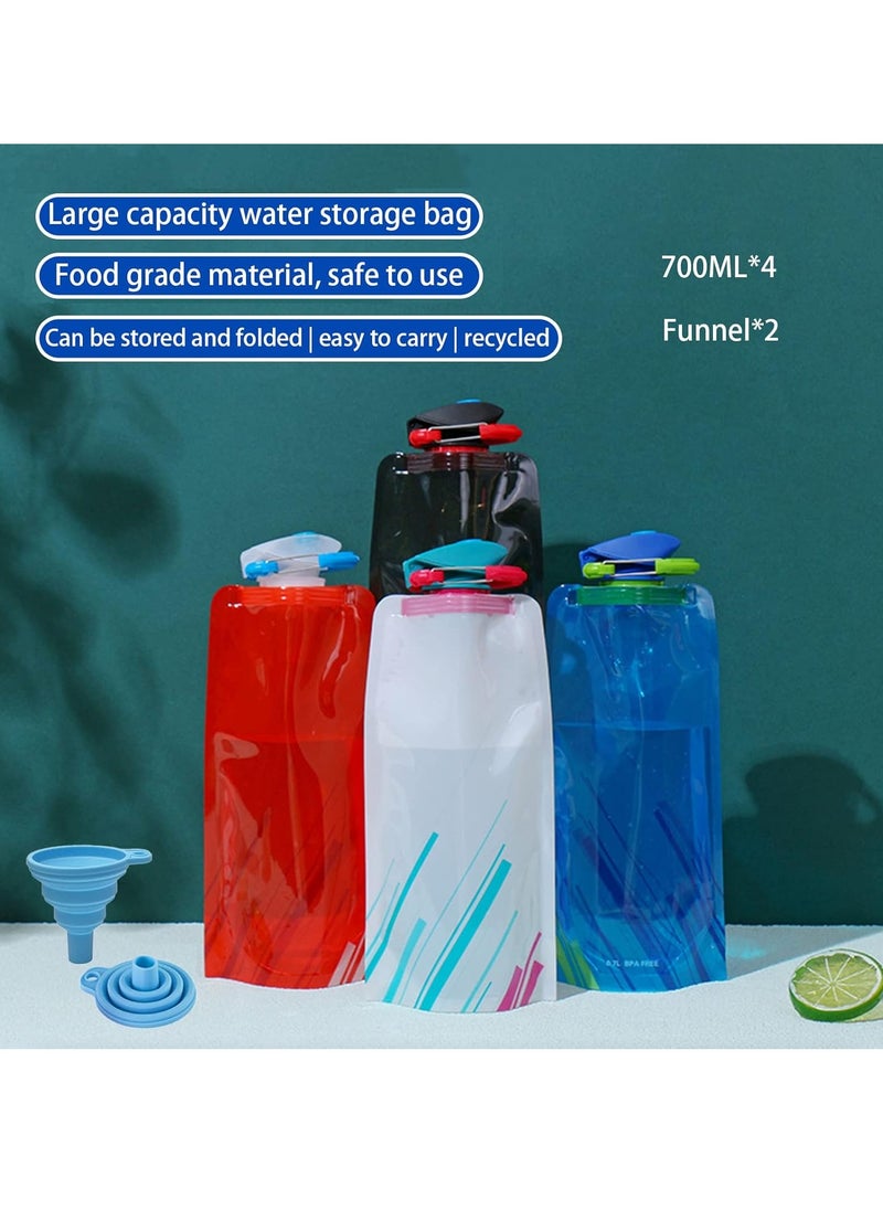 4-Pack 500ML Collapsible Water Bottles with 2 Funnels, Leak-Proof, BPA-Free, Carabiner Included, Colors: Black, White, Red, Blue