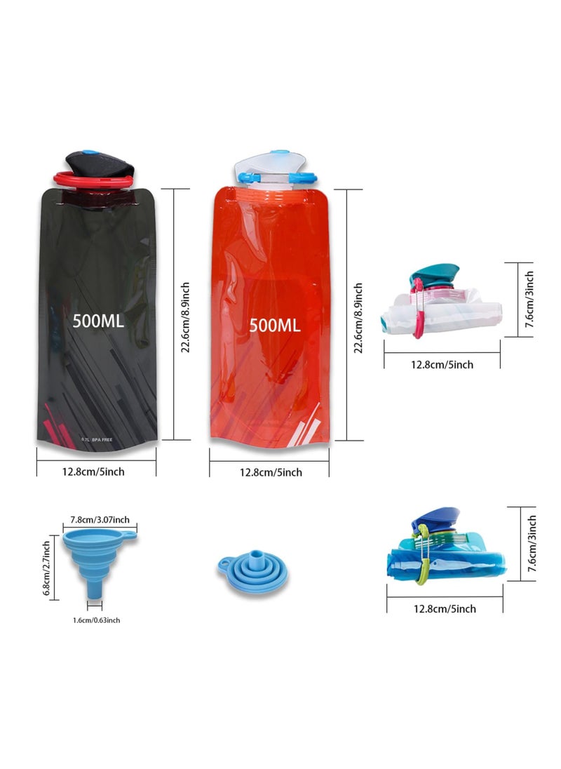 4-Pack 500ML Collapsible Water Bottles with 2 Funnels, Leak-Proof, BPA-Free, Carabiner Included, Colors: Black, White, Red, Blue