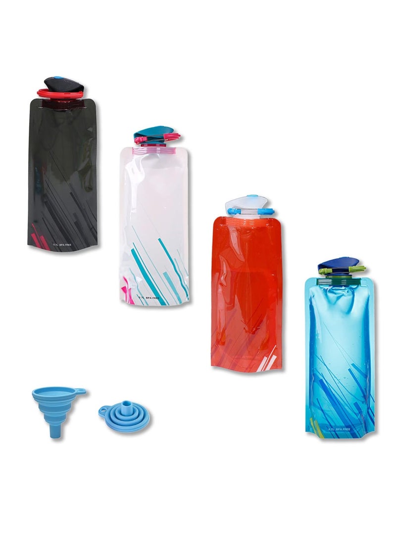 4-Pack 500ML Collapsible Water Bottles with 2 Funnels, Leak-Proof, BPA-Free, Carabiner Included, Colors: Black, White, Red, Blue