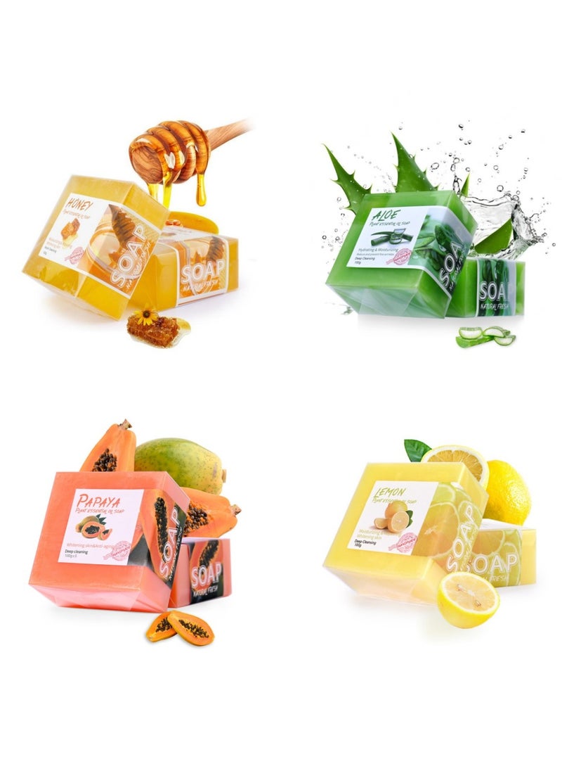 4pcs Handmade Soap with Plant Essential Oil, Suitable for Whole Body Cleaning and Bathing 100g*4 (Honey, Papaya, Aloe Vera, Lemon)