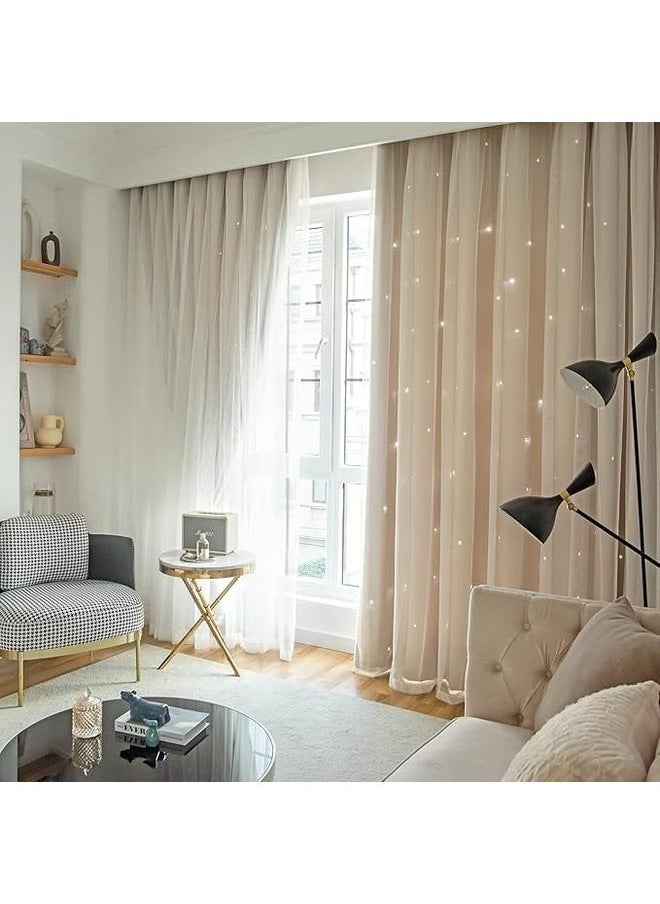 Stars Curtains Blackout Curtains for Bedroom Double Layer Curtains Kids Curtains Cute Curtains Kids Blackout Curtains, Hollowed Out Stars Curtain Drape Beige 170cm*200cm