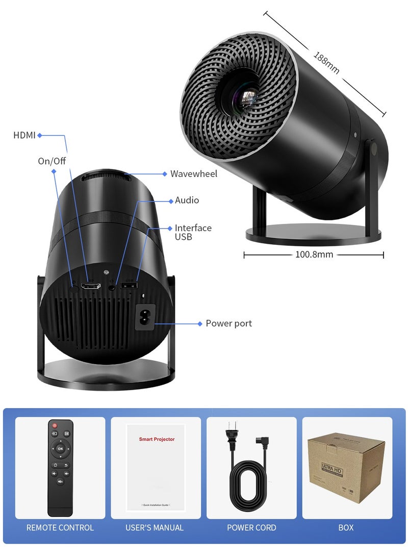 Mini Projector with WiFi 6 and Bluetooth, Auto Keystone Outdoor Movie Projector, 180°Adjustable Big Screen Home Portable Projector for Phone/TV Stick/Laptop/HDMI
