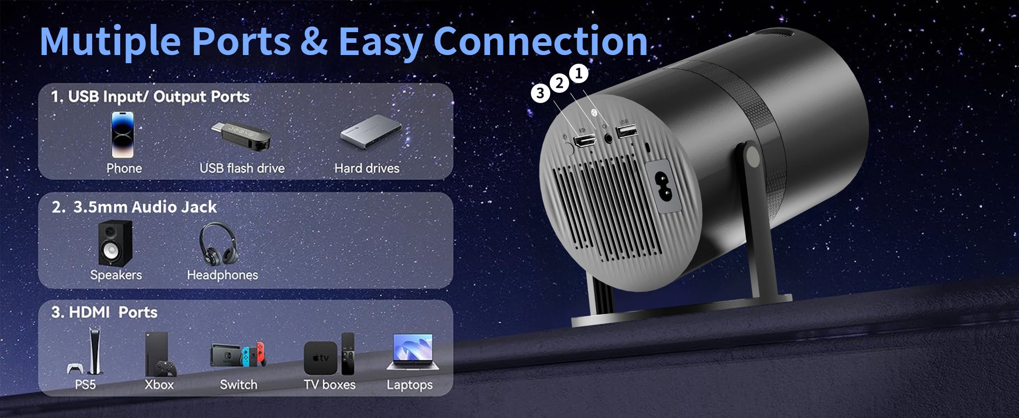 Mini Projector with WiFi 6 and Bluetooth, Auto Keystone Outdoor Movie Projector, 180°Adjustable Big Screen Home Portable Projector for Phone/TV Stick/Laptop/HDMI