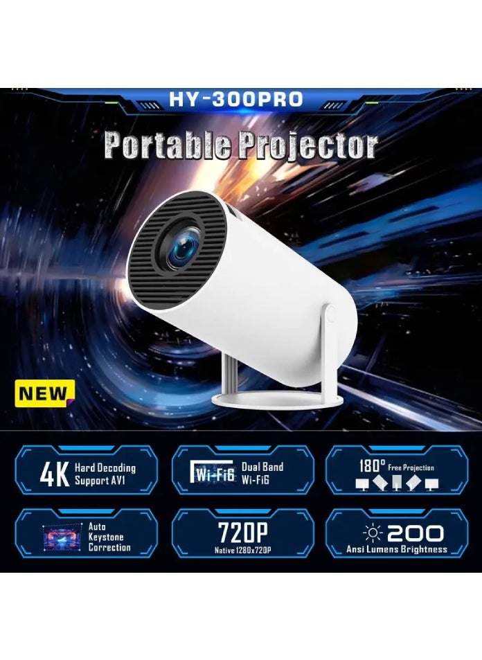 W WUDUNG HY300PRO Portable Projector - 4K Hard Decoding, 200ANSI Lumens, WiFi 6 & Wireless 5.0, for Android 11 Compatible, 720P HD, Auto Keystone, 180° Projection, EU Plug