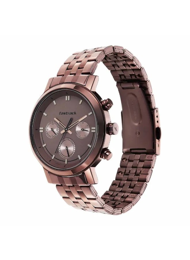 Fastrack Tick Tock Quartz Multifunction Watch for Guys With Brown Dial Metal Strap