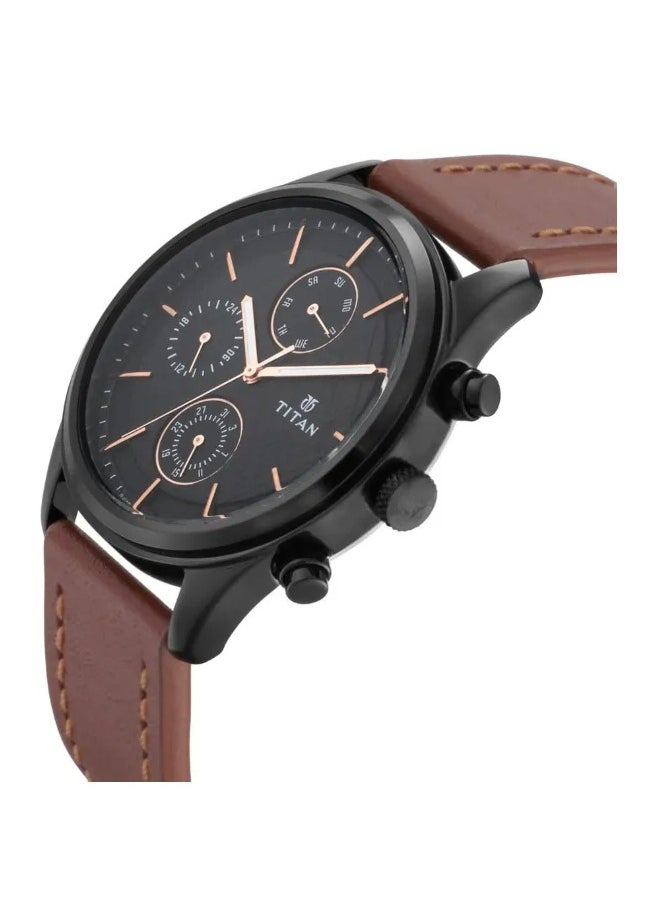 Titan Quartz Multifunction Watch for Men Black Dial With Leather Strap