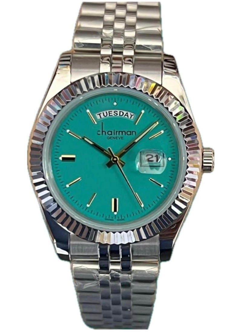 Men's Silver Stainless Steel Wrist Watch, Day/Date with Turquoise Dial