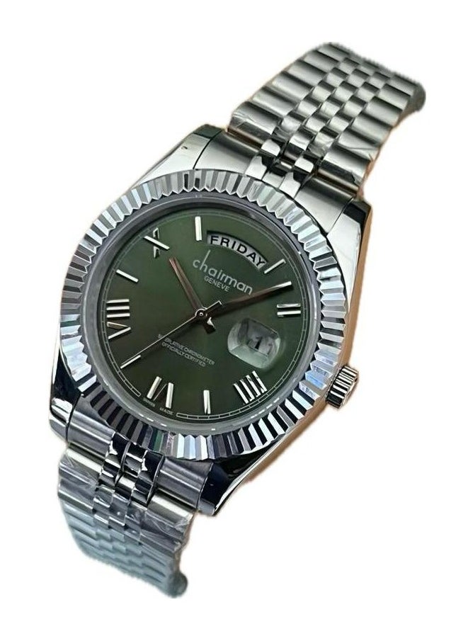 Men's Silver Stainless Steel Wrist Watch, Day/Date with Green Dial