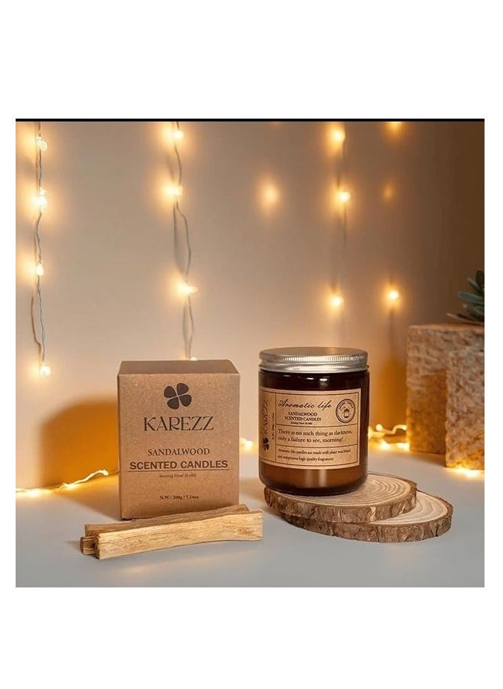 KAREZZ Sandalwood Scented Candle,200g . Plant Wax Based.Eco Friendly Aromatherapy Candle, Clean-Burning Cotton Wick, Calming Fragrance for Stress Relief- Ideal for Home Decor & Relaxation