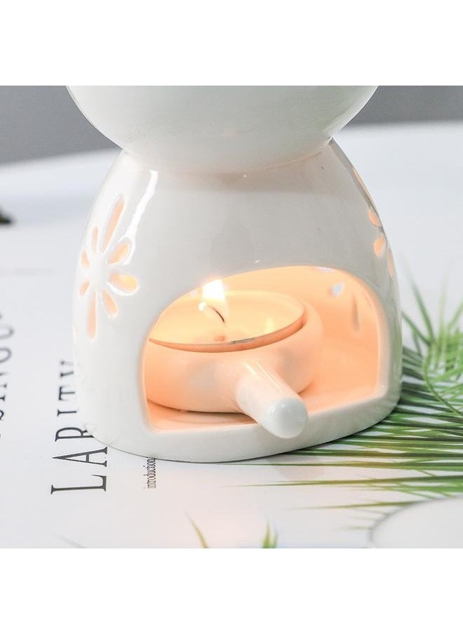 2-Piece Ceramic Oil Burner With Candle Holder Set White One Size，Ceramic Tealight Candle Holder Oil Burner Mini Essential Oil Incense Aroma Diffuser Furnace Ceramic Incense Burner Wax Melt Warmer for Home (Without Candle)