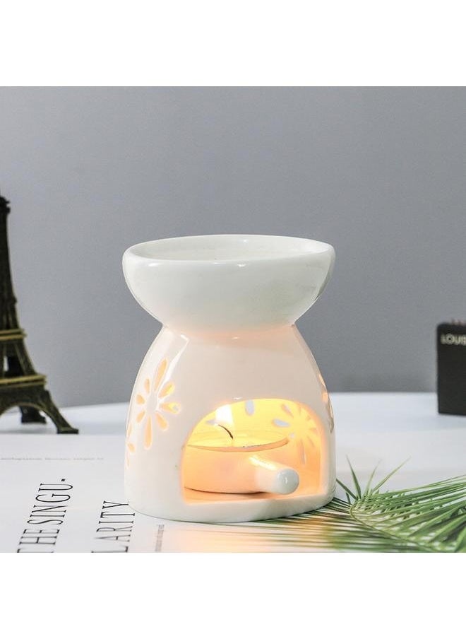 2-Piece Ceramic Oil Burner With Candle Holder Set White One Size，Ceramic Tealight Candle Holder Oil Burner Mini Essential Oil Incense Aroma Diffuser Furnace Ceramic Incense Burner Wax Melt Warmer for Home (Without Candle)