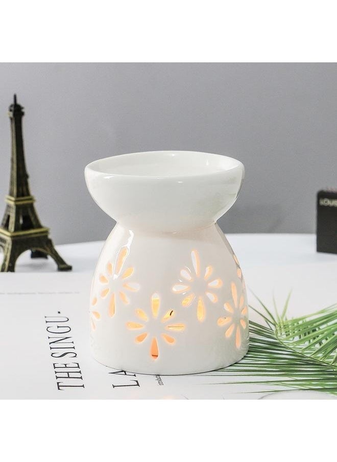 2-Piece Ceramic Oil Burner With Candle Holder Set White One Size，Ceramic Tealight Candle Holder Oil Burner Mini Essential Oil Incense Aroma Diffuser Furnace Ceramic Incense Burner Wax Melt Warmer for Home (Without Candle)