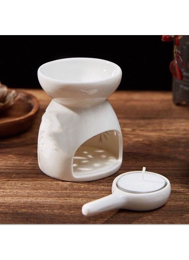 2-Piece Ceramic Oil Burner With Candle Holder Set White One Size，Ceramic Tealight Candle Holder Oil Burner Mini Essential Oil Incense Aroma Diffuser Furnace Ceramic Incense Burner Wax Melt Warmer for Home (Without Candle)