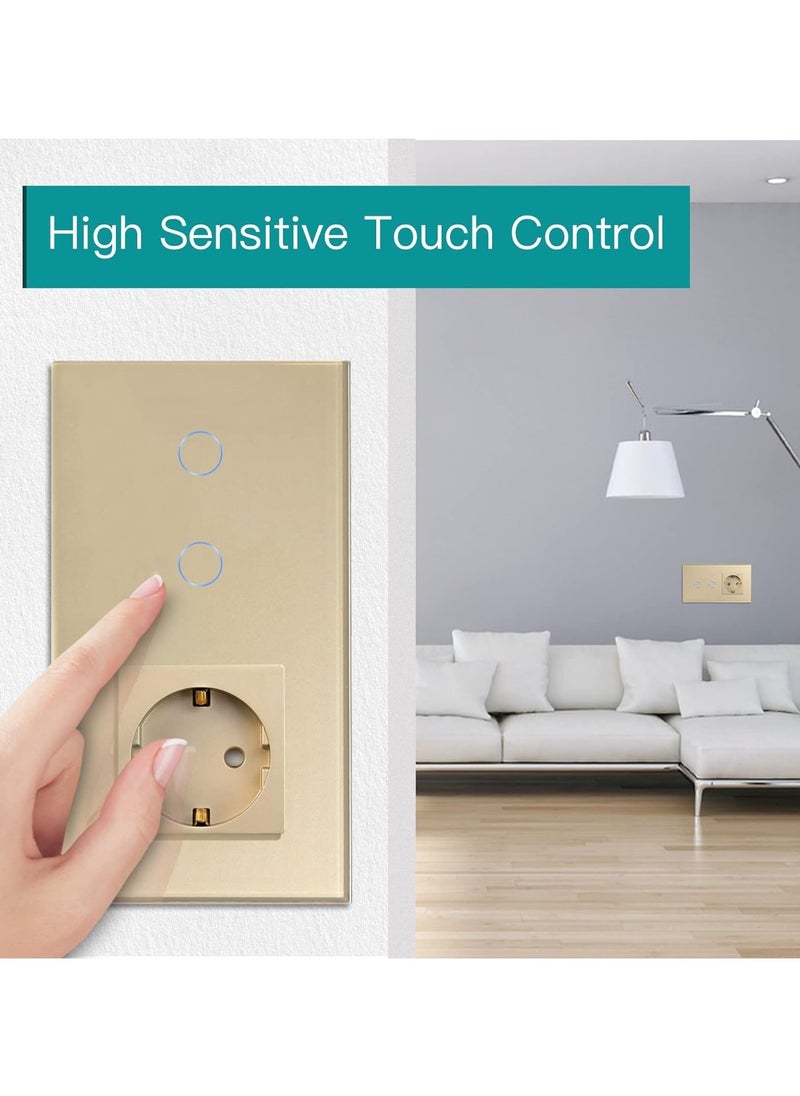 Normal Schuko Socket with Smart Alexa 16A Glass WiFi Touch Sensor Light Switch, Double 1-Way Wall Switch Compatible with Alexa and Google Home, Neutral Conductor Required, Grey