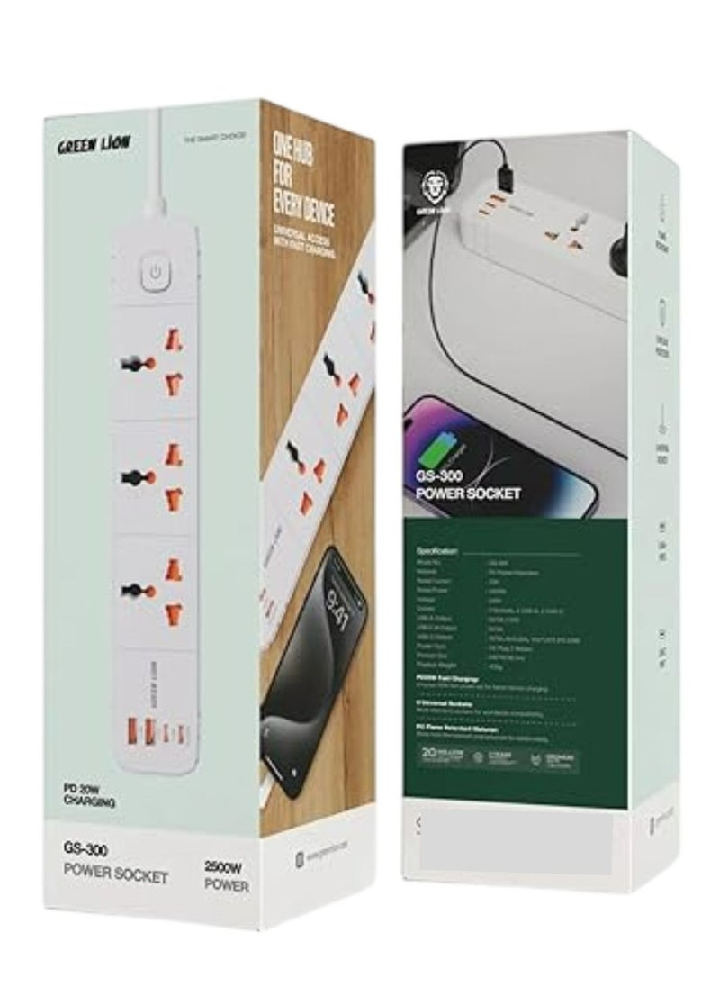 GS-300 Power Socket 2500W / Overload Protection / PC Flame Retardant Material / 10A Rated Current / UK Plug 2Meters Cord / 2 USB Type-C Port & 2 USB Type-A Port / PD 20W Fast Charging - White