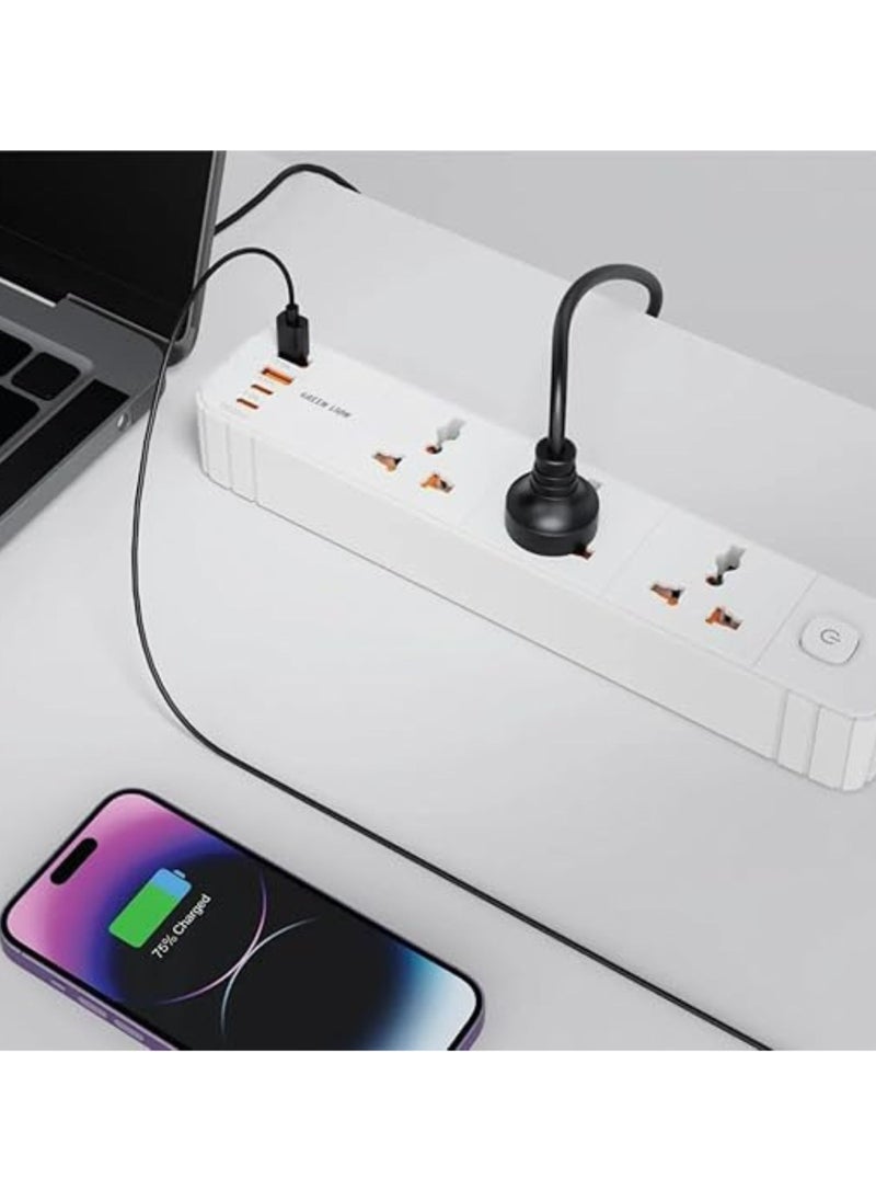 GS-300 Power Socket 2500W / Overload Protection / PC Flame Retardant Material / 10A Rated Current / UK Plug 2Meters Cord / 2 USB Type-C Port & 2 USB Type-A Port / PD 20W Fast Charging - White