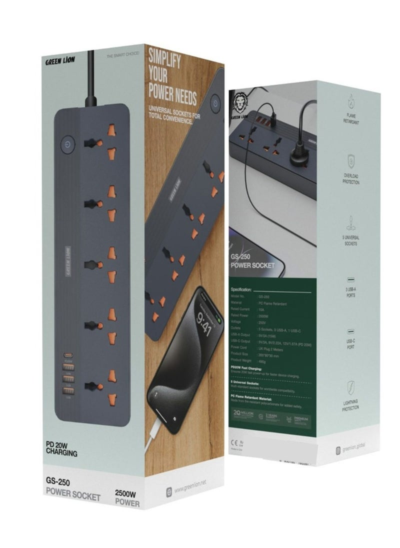 GS-250 Power Socket 2500W, Fast Charging, Lightning & Overload Protection, UK Plug 2M Power Cord, Flame Retardant, Simultaneously Charging, 4 USB ports, 5 AC plugs, 250V Voltage - Black