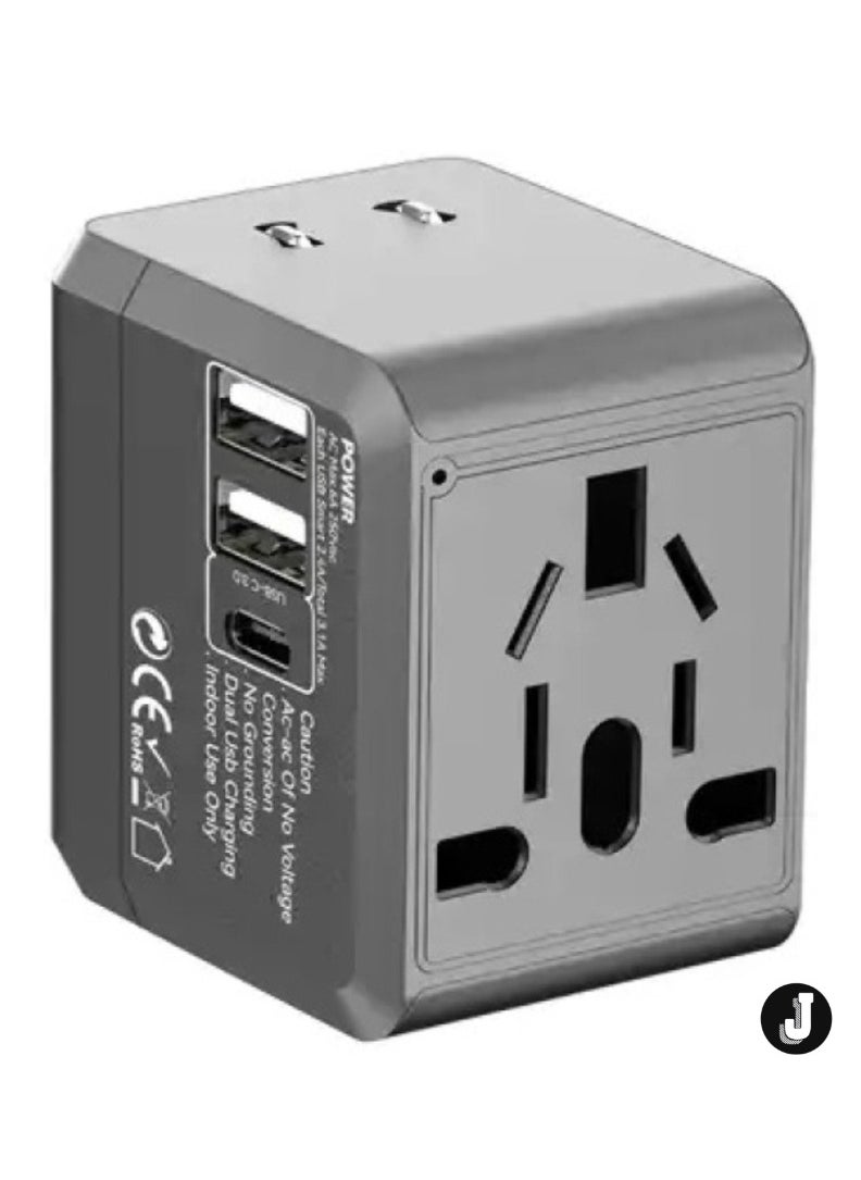 Universal Travel Adapter with USB-C, 1500W Power, 5.0V 2.4A Output, Overcharge Protection, Fireproof PC Material – Compact All-in-One Charger for Mobile & Universal Devices