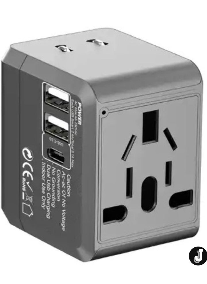 Universal Travel Adapter with USB-C, 1500W Power, 5.0V 2.4A Output, Overcharge Protection, Fireproof PC Material – Compact All-in-One Charger for Mobile & Universal Devices