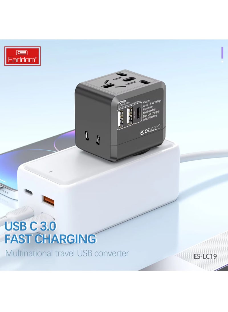 Universal Travel Adapter with USB-C, 1500W Power, 5.0V 2.4A Output, Overcharge Protection, Fireproof PC Material – Compact All-in-One Charger for Mobile & Universal Devices