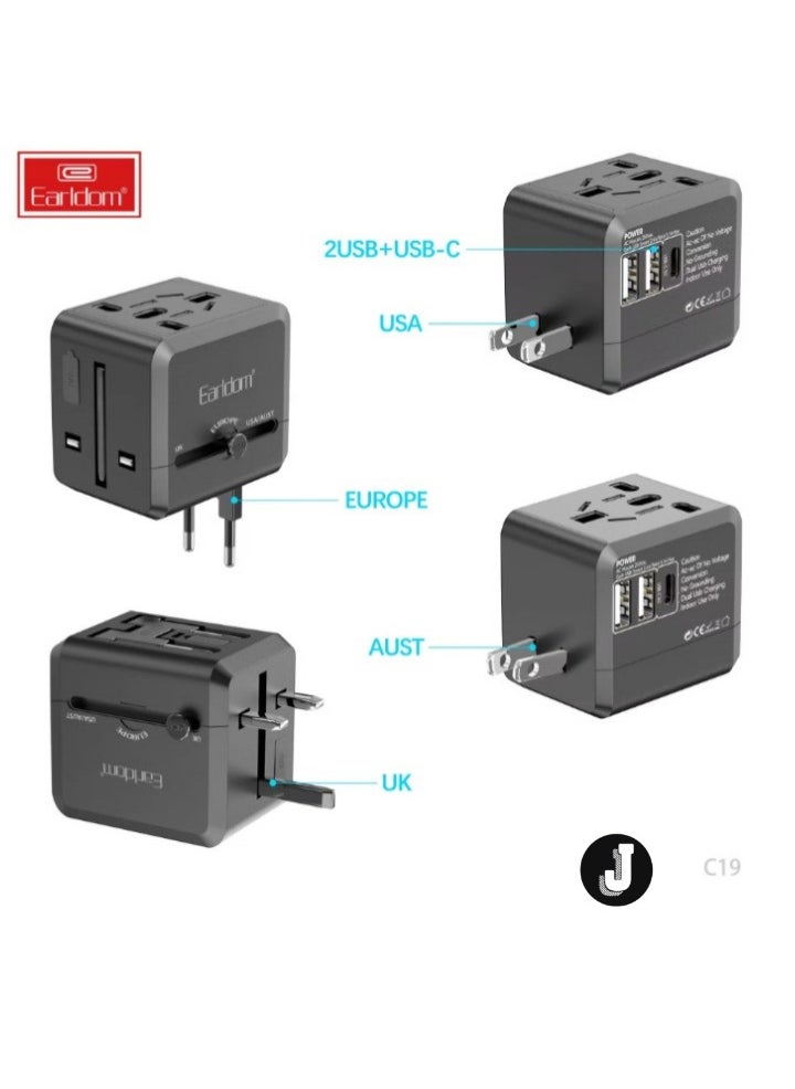 Universal Travel Adapter with USB-C, 1500W Power, 5.0V 2.4A Output, Overcharge Protection, Fireproof PC Material – Compact All-in-One Charger for Mobile & Universal Devices