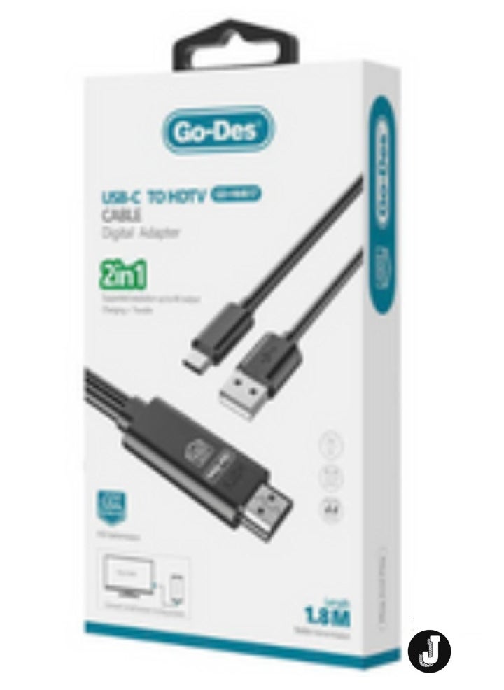 2-in-1 HDTV Type-C (USB-C) Cable 1.8 Meter – High-Speed Data Transfer & HD Video Output for Smartphones & Devices2-in-1 Functionality: Combines high-speed data transfer and HD video output in one cable for ultimate convenience.