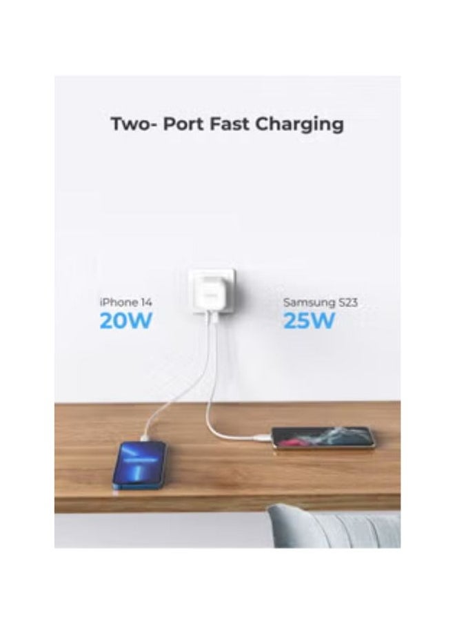 Blupebble 2-Port PD GaN Fast Charger 45W Dual Port 2 USB C Charger Plug, Type C PD Adapter Travel Charger Plug