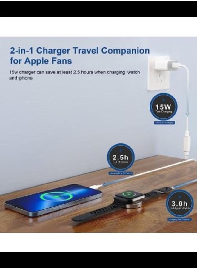 2-in-1 USB C Fast Charger for Apple Watch & iPhone - 6FT Magnetic Charging Cable with 15W Wall Adapter