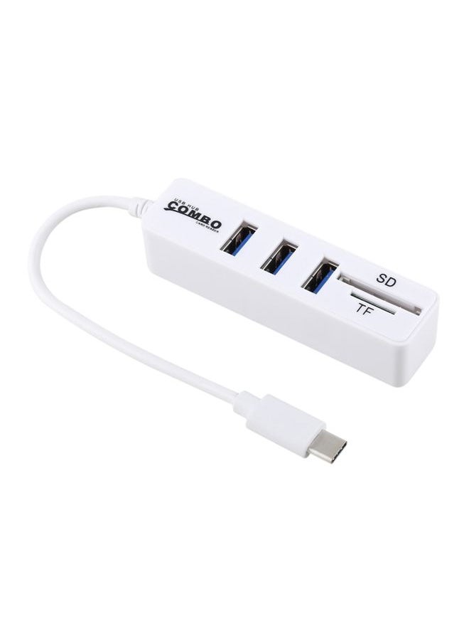 2 in 1 TF & SD Card Reader + 3 x USB Ports to USB-C / Type-C HUB Converter, Total Length: 24cm(White)